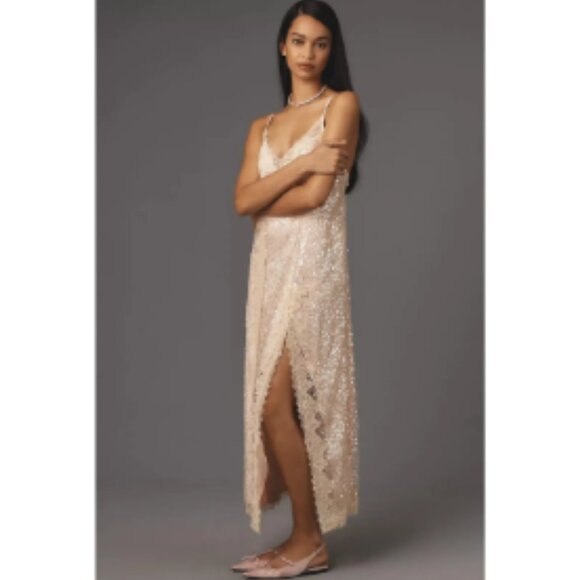 Brand New En Elly Sleeveless V-Neck Lace Sequin Slip Midi Dress - Picture 5 of 14
